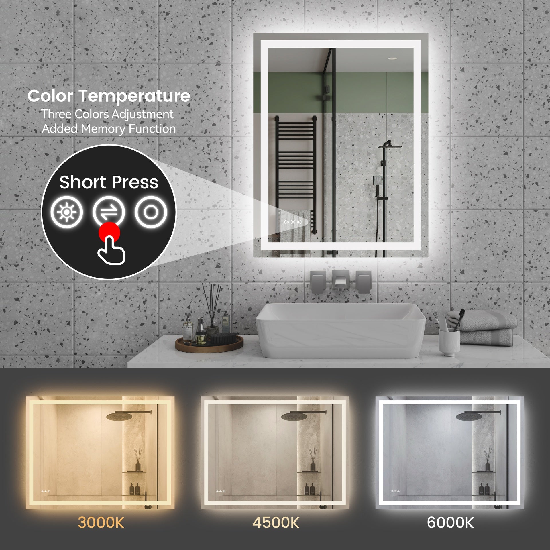28"*36"LED Bathroom Mirror,Front-Lit and Back-Lit, Stepless Dimmable, 3 Colors CRI90+, Brightness Memory, Shatter-Proof,Anti-fog LED Vanity Mirror, IP44 Waterproof