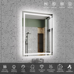 28"*36"LED Bathroom Mirror,Front-Lit and Back-Lit, Stepless Dimmable, 3 Colors CRI90+, Brightness Memory, Shatter-Proof,Anti-fog LED Vanity Mirror, IP44 Waterproof