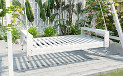 TOPMAX Twin Size Porch Swing Bed Seating Group, Patio Acacia Wood Swing Frame with Hemp Ropes for Garden, Backyard, White