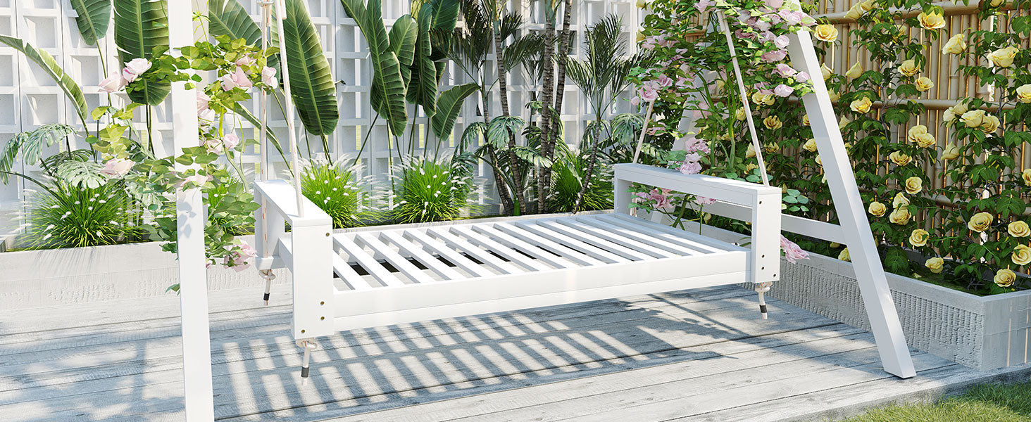TOPMAX Twin Size Porch Swing Bed Seating Group, Patio Acacia Wood Swing Frame with Hemp Ropes for Garden, Backyard, White