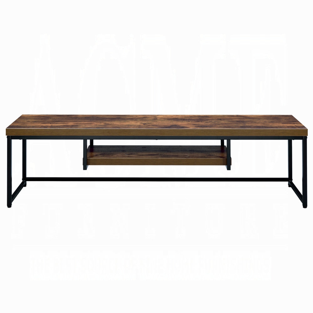 Industrial Style TV Stand Black Metal Frame Living Room Furniture 1pc Wooden Top Weathered Oak Finish Shelf