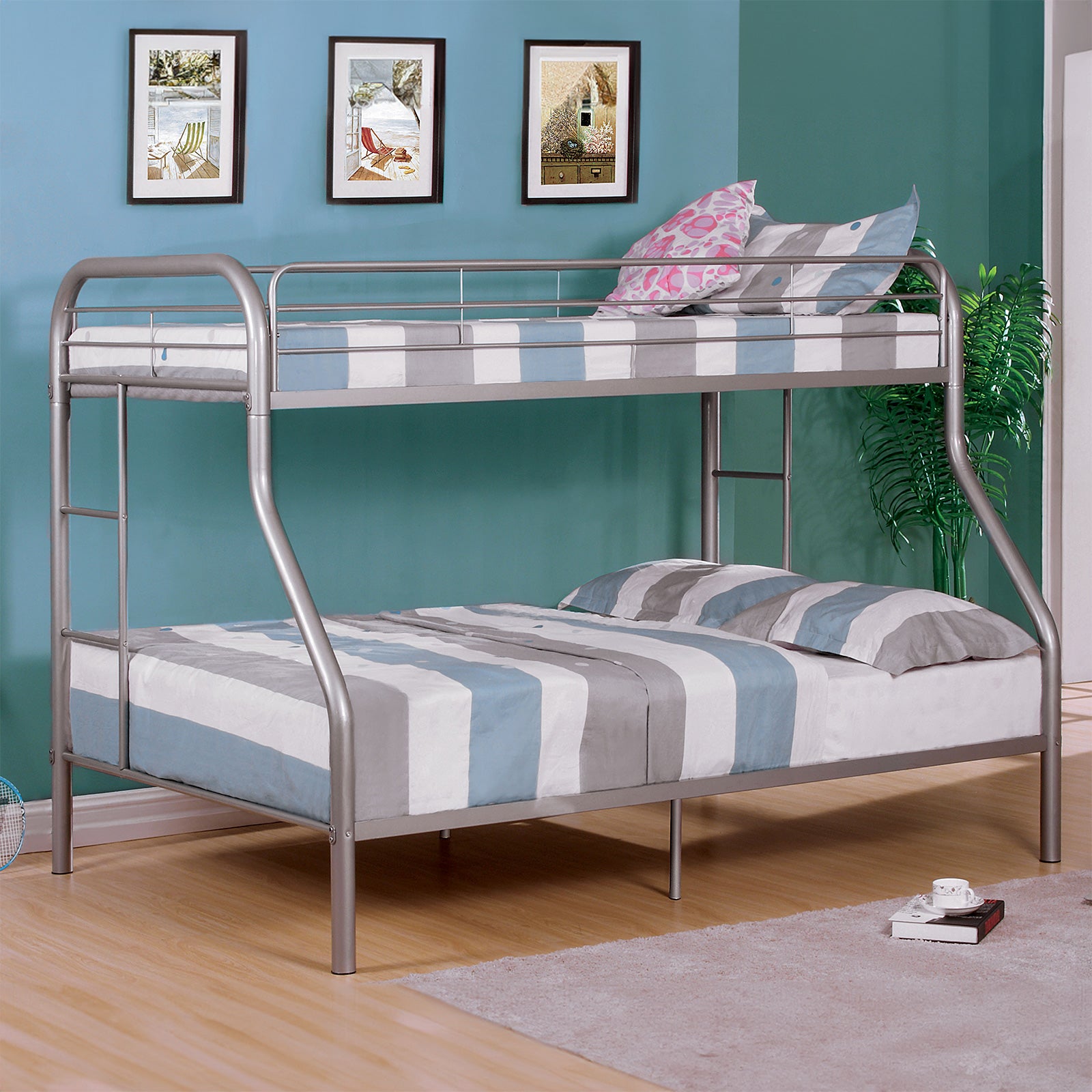 Twin Over Full Metal Bunk Bed Contemporary Style With Angled Ladder, Silver