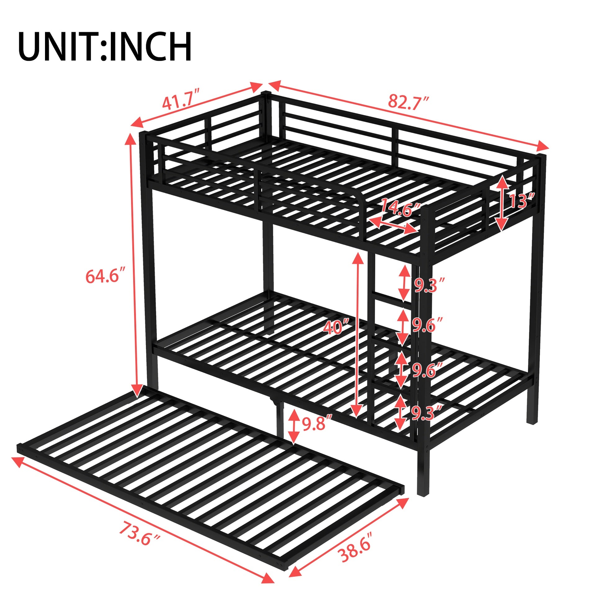 Twin XL over Twin XL Metal Bunk Bed with Twin Size Trundle, Black