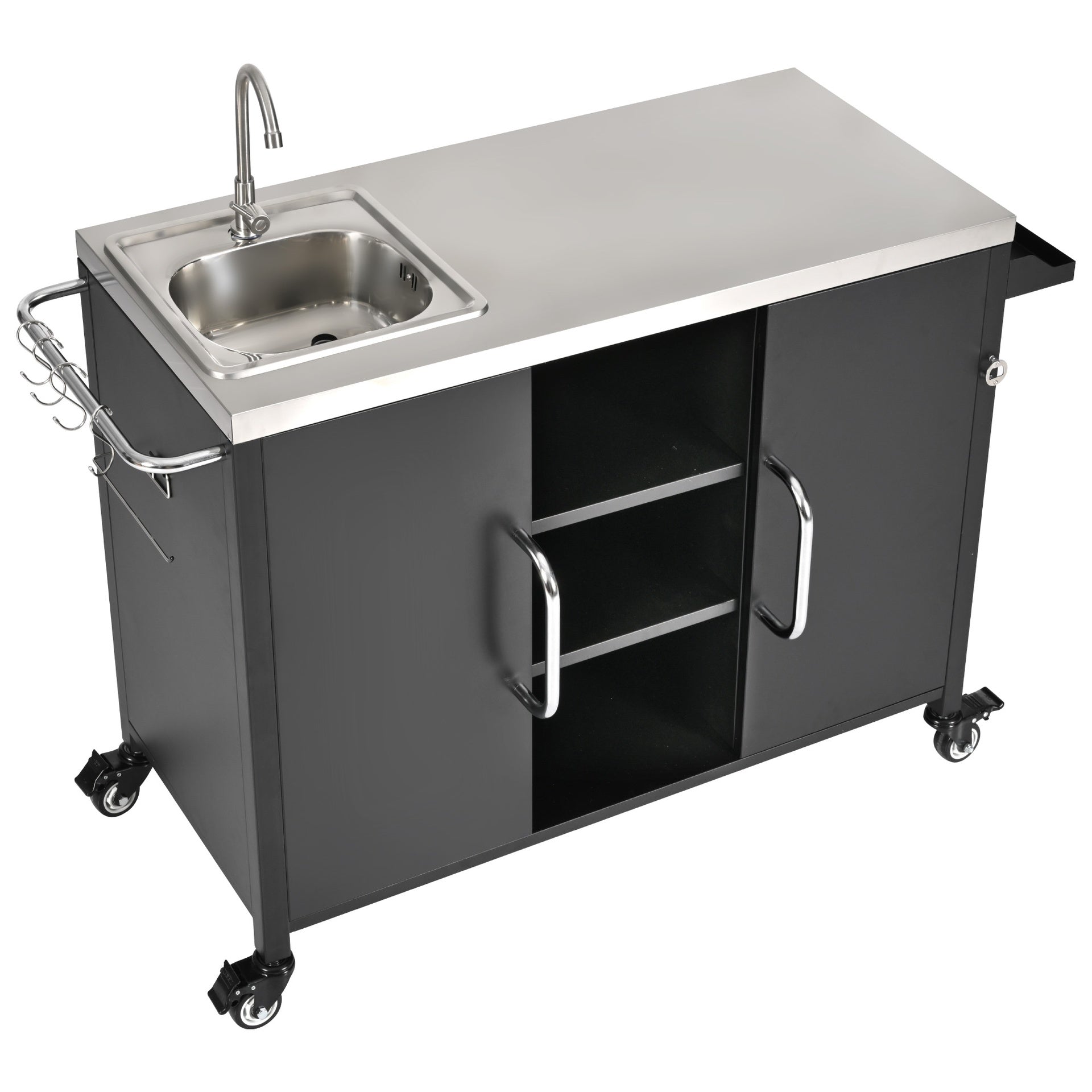 K&K 55.5" Outdoor Kitchen Island with Sink, Metal Grill Cart Table with 304 Stainless Steel Sink, Outdoor Bar Cart Sink Station with 4 Lockable Wheels for Pizza Prep & BBQ, L 55.5" x W 20" H 36.7"