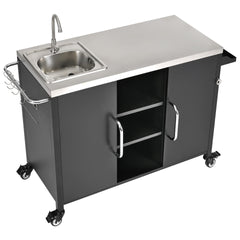 K&K 55.5" Outdoor Kitchen Island with Sink, Metal Grill Cart Table with 304 Stainless Steel Sink, Outdoor Bar Cart Sink Station with 4 Lockable Wheels for Pizza Prep & BBQ, L 55.5" x W 20" H 36.7"