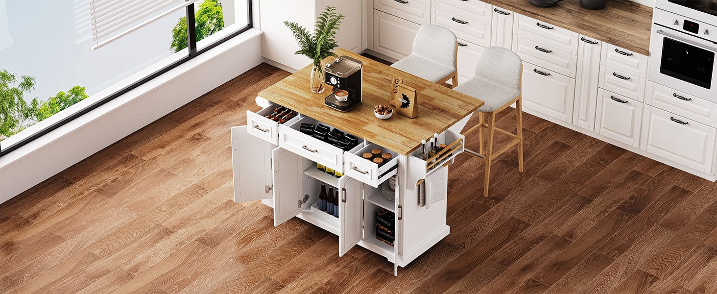 K&K 54inch Large Kitchen Island with Rubber Wood Drop Leaf, Embossed Texture Rolling Kitchen Cart on 4 Wheels with 4 Doors and 3 Drawers, Kitchen Island with Storage for Kitchen, Dining Room,White