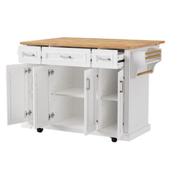 K&K 54inch Large Kitchen Island with Rubber Wood Drop Leaf, Embossed Texture Rolling Kitchen Cart on 4 Wheels with 4 Doors and 3 Drawers, Kitchen Island with Storage for Kitchen, Dining Room,White