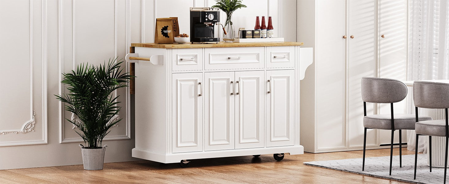 K&K 54inch Large Kitchen Island with Rubber Wood Drop Leaf, Embossed Texture Rolling Kitchen Cart on 4 Wheels with 4 Doors and 3 Drawers, Kitchen Island with Storage for Kitchen, Dining Room,White