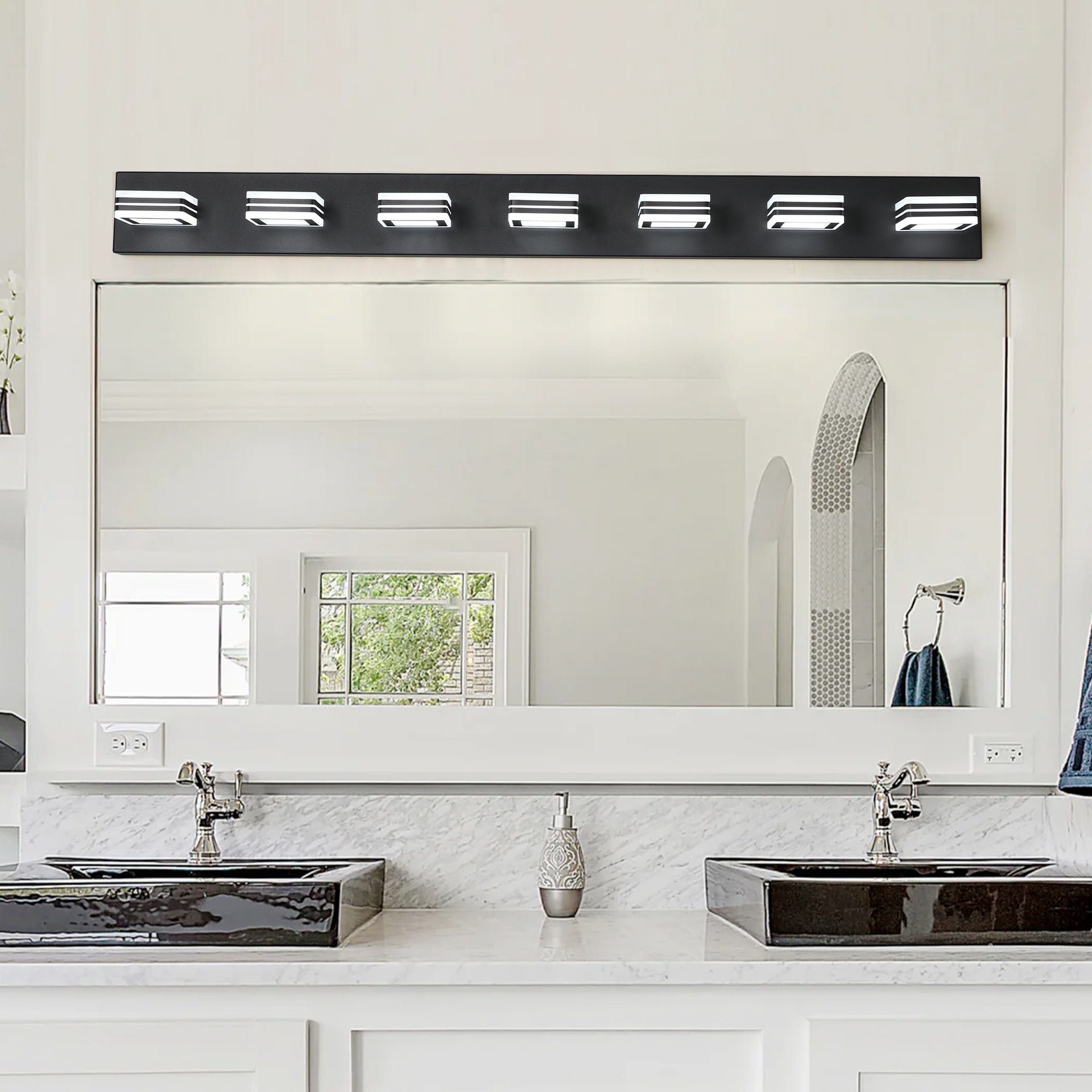 45" Modern Black 7-Light LED Vanity Light, Square Acrylic Lampshades Wall Mount Fixture for Bathroom, Mirror Lighting