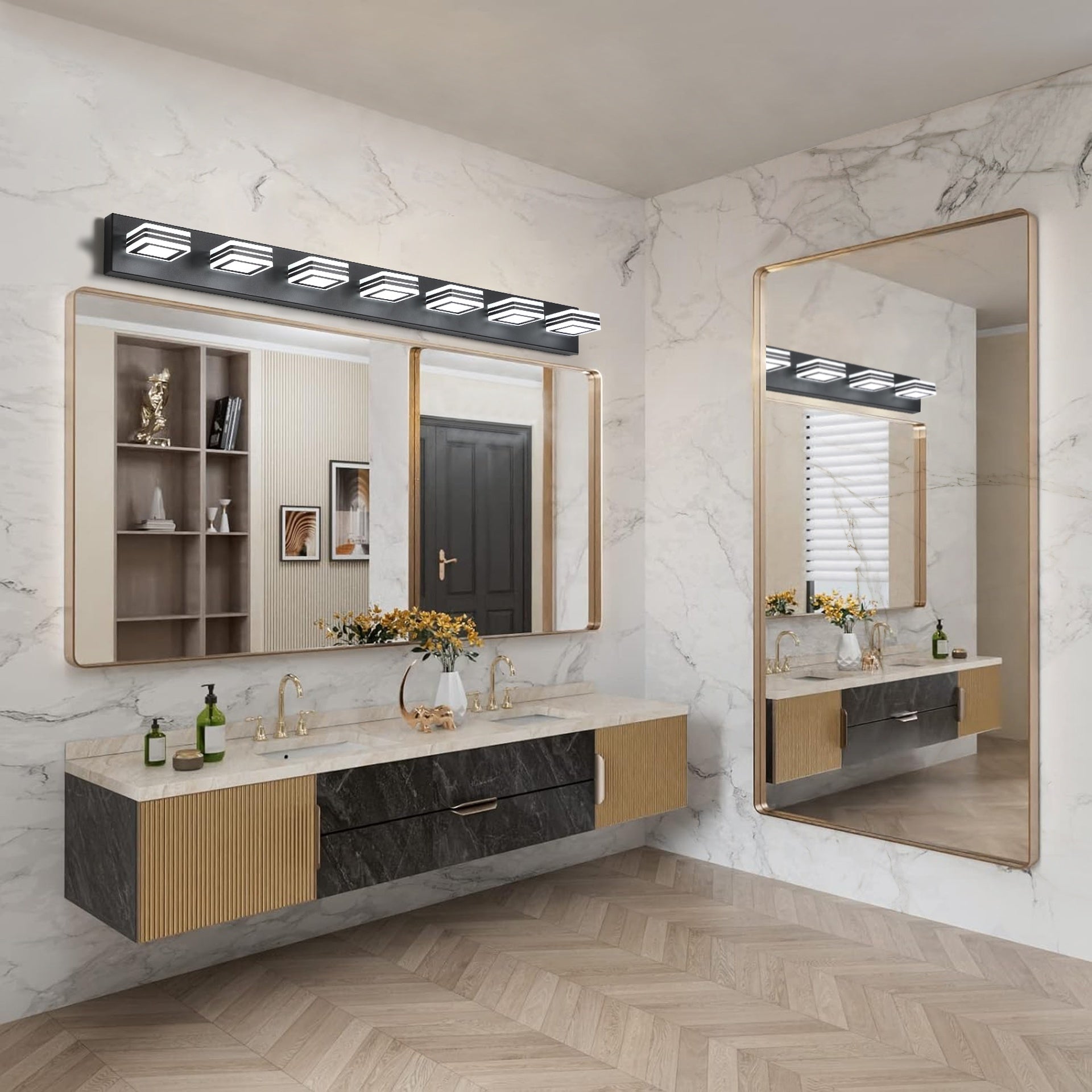 45" Modern Black 7-Light LED Vanity Light, Square Acrylic Lampshades Wall Mount Fixture for Bathroom, Mirror Lighting