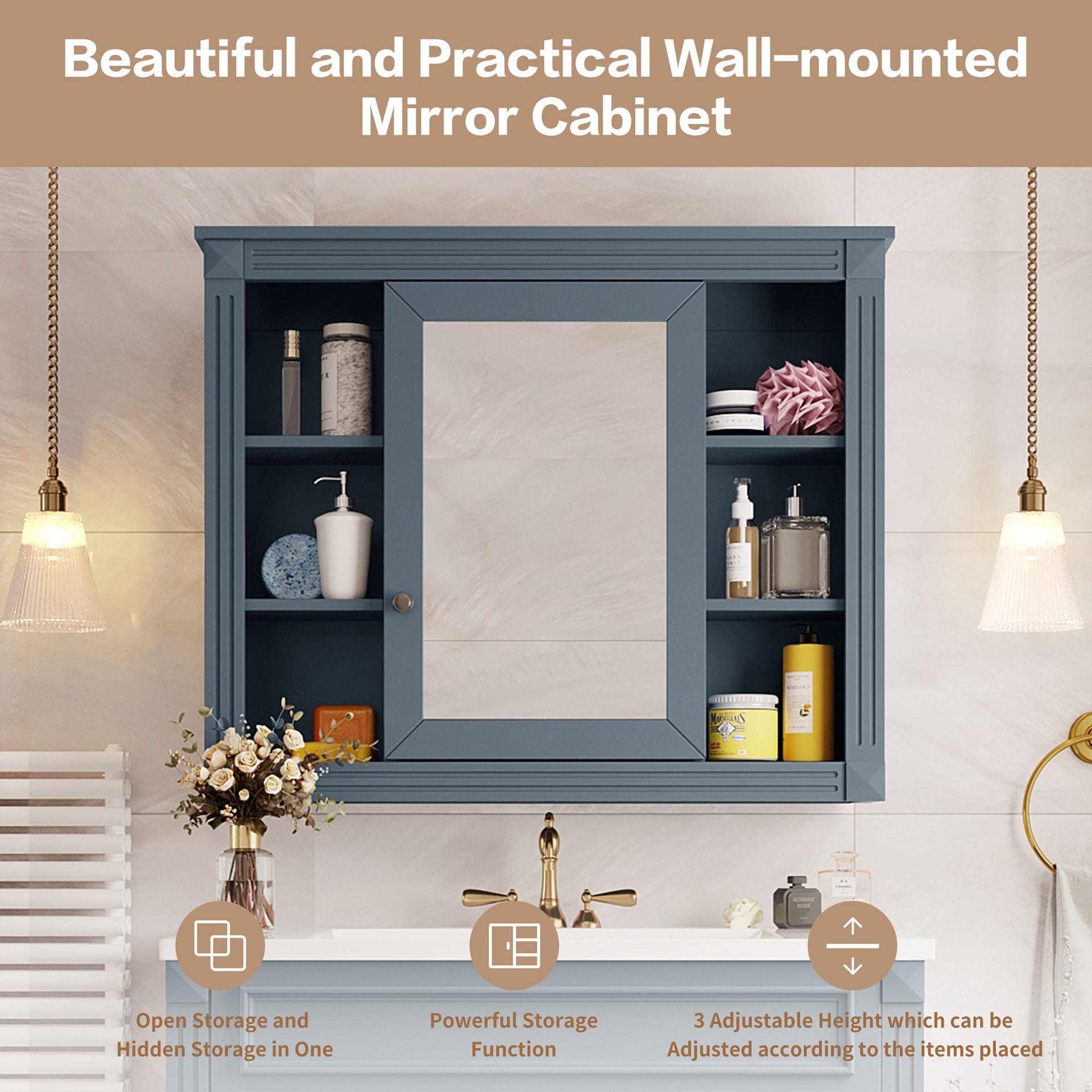 35'' x 28'' Wall Mounted Bathroom Storage Cabinet, Medicine Cabinet, Modern Bathroom Wall Cabinet with Mirror, Mirror Cabinet with 6 Open Shelves (Not Include Bathroom Vanity )