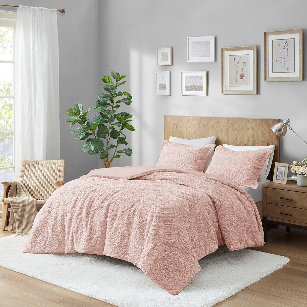 King/Cal King Embroidered Medallion Faux Fur Ultra Plush Comforter Mini Set