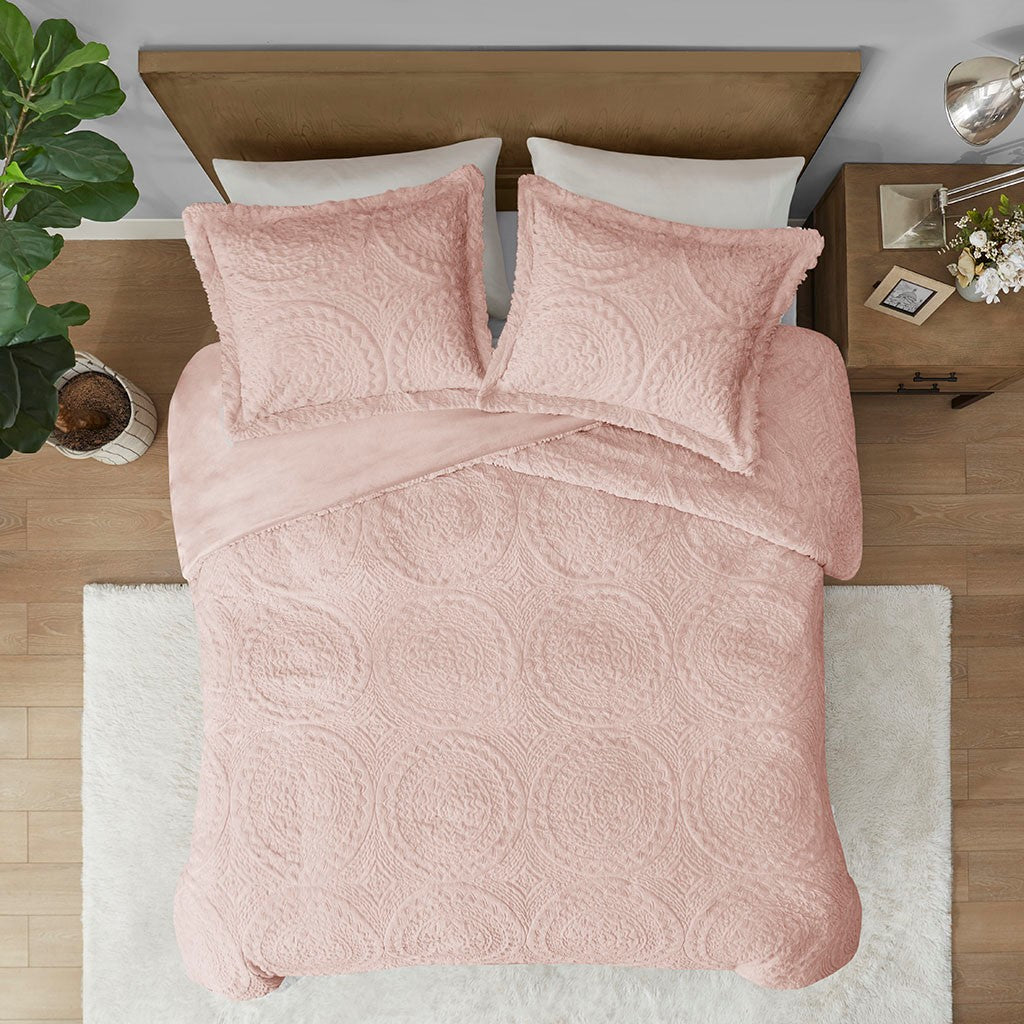 King/Cal King Embroidered Medallion Faux Fur Ultra Plush Comforter Mini Set