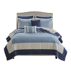 7-Piece Full/Queen 7 Piece Quilt Set with Euro Shams and Throw Pillows,Navy