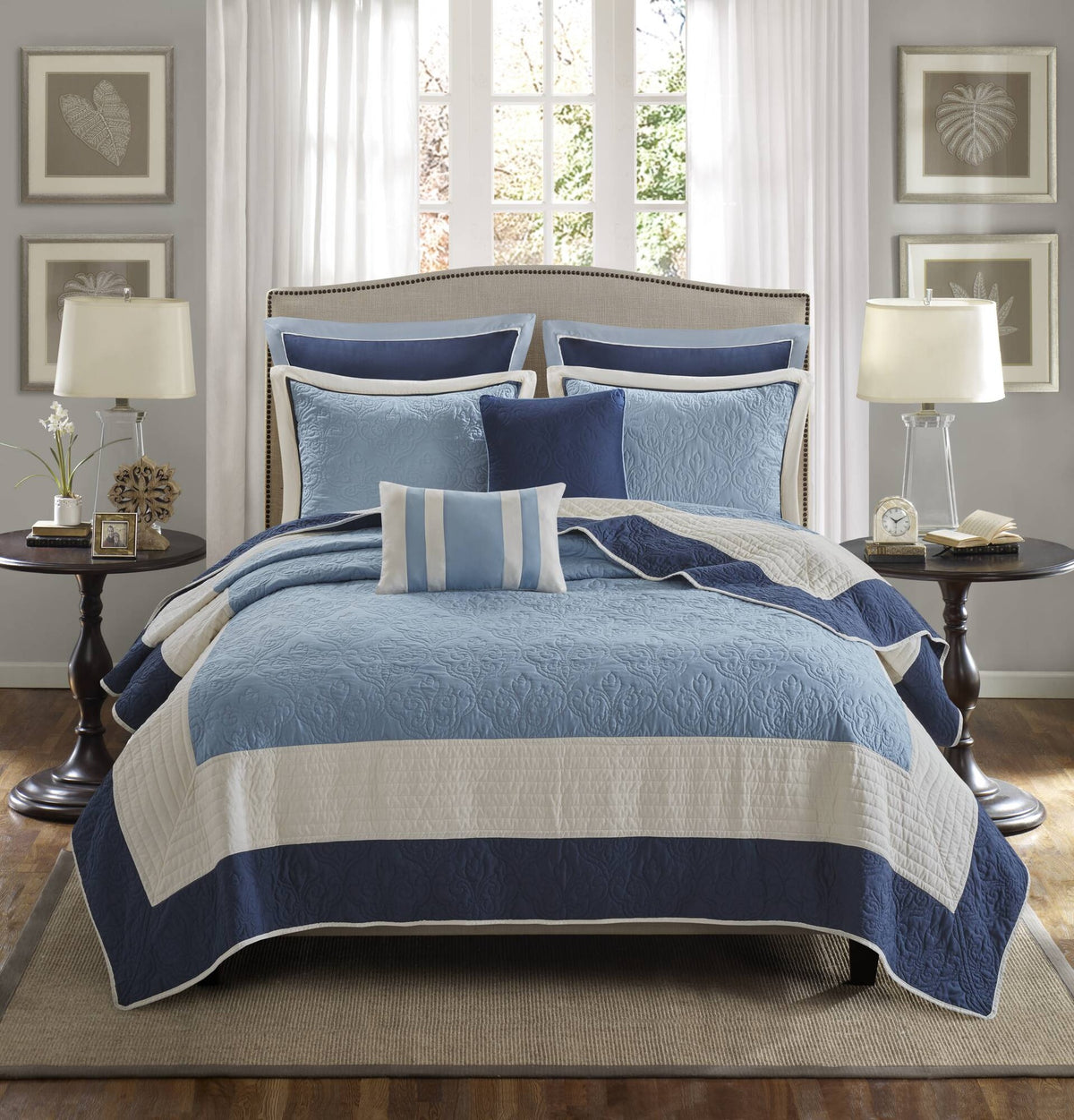 7-Piece Full/Queen 7 Piece Quilt Set with Euro Shams and Throw Pillows,Navy