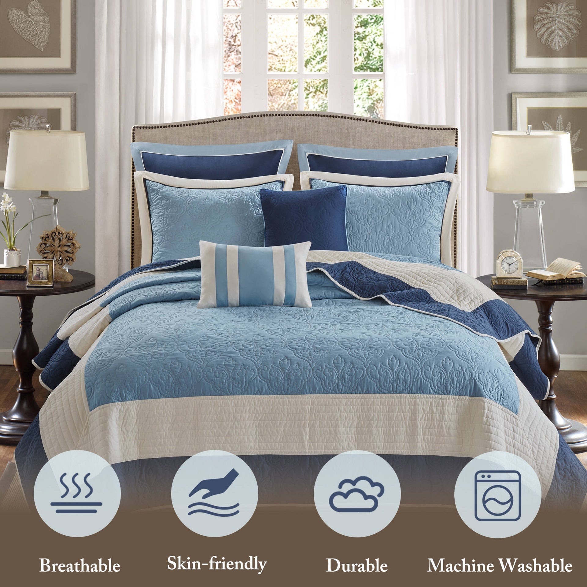 7-Piece Full/Queen 7 Piece Quilt Set with Euro Shams and Throw Pillows,Navy