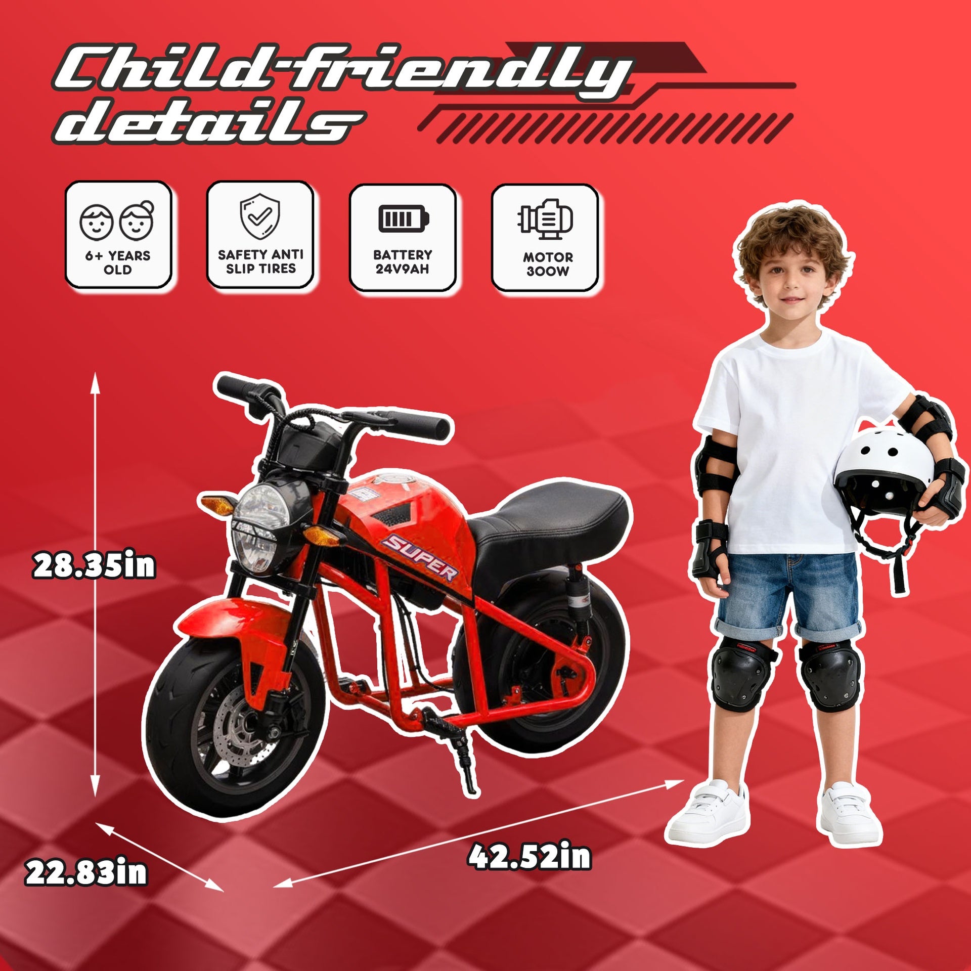 24V300W Kids Ride On XL Electric Toy Muscle Motorcycle,High-Speed Hub Motor,14in Widen EVA Wheels,Twist Grip Throttle, Speed up to 11.18MPH,Dual Suspension,Music&Light, Long Life Battery For Kids 6+