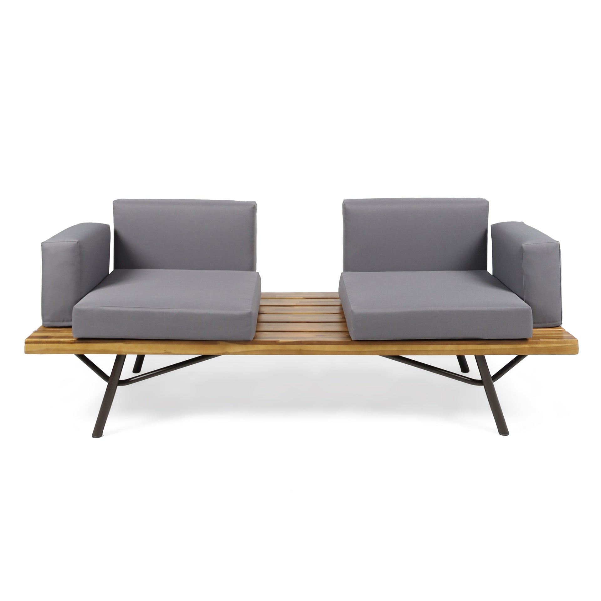 Outdoor Acacia Wood 2 Seater Sofa with Metal Legs for Garden Patio