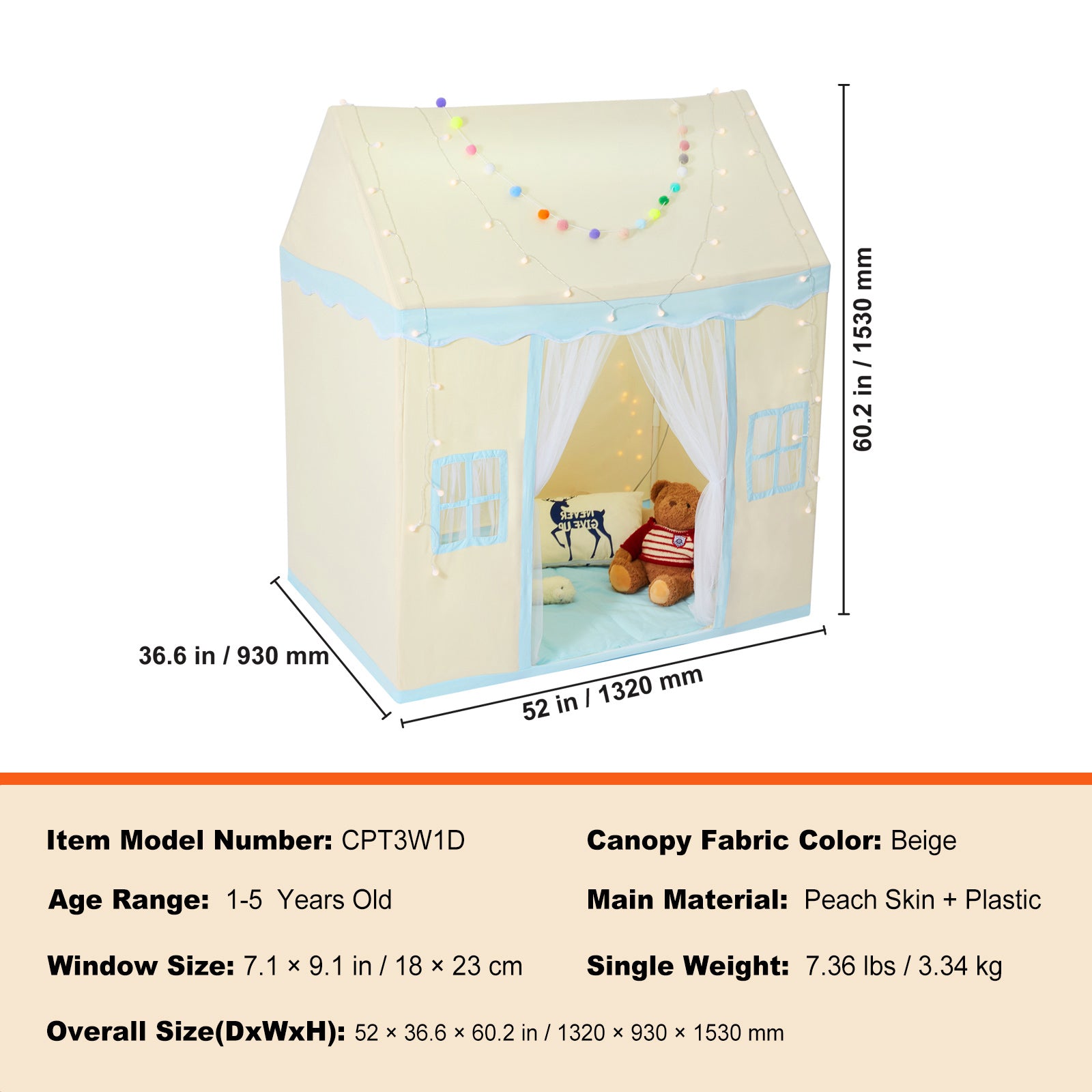 Kids Play Tent, Kids Tent for Kids 1-5 Years Old, Toddler Tent with Mat and Tent Lamp, Tent for Kids with Windows for Indoor and Outdoor, Play House Castle Tent for Boys and Girls, Beige