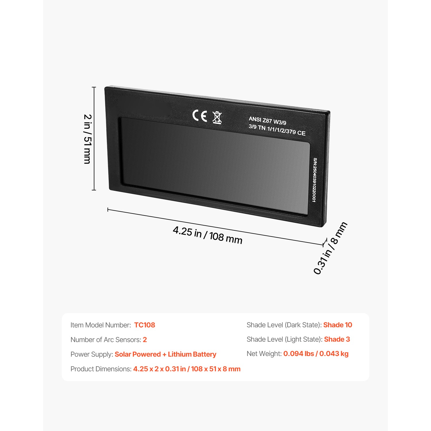 Auto Darkening Welding Lens 4.25" x 2" Shade 10 True Color Welding Lens