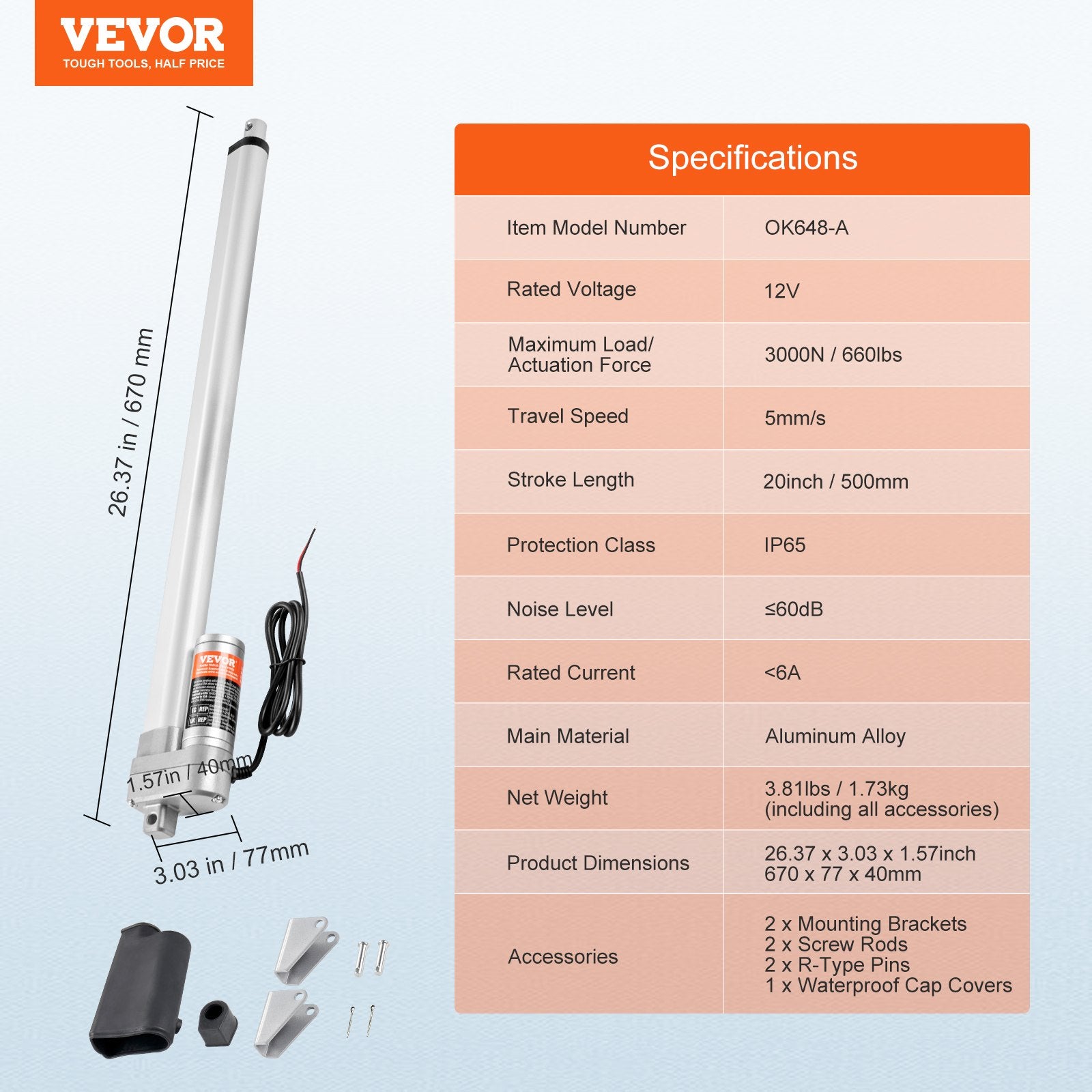 Linear Actuator 12V, 20 Inch Waterproof IP65 Linear Actuator, 660lbs/3000N 0.19"/s Linear Motion Actuator with Mounting Bracket