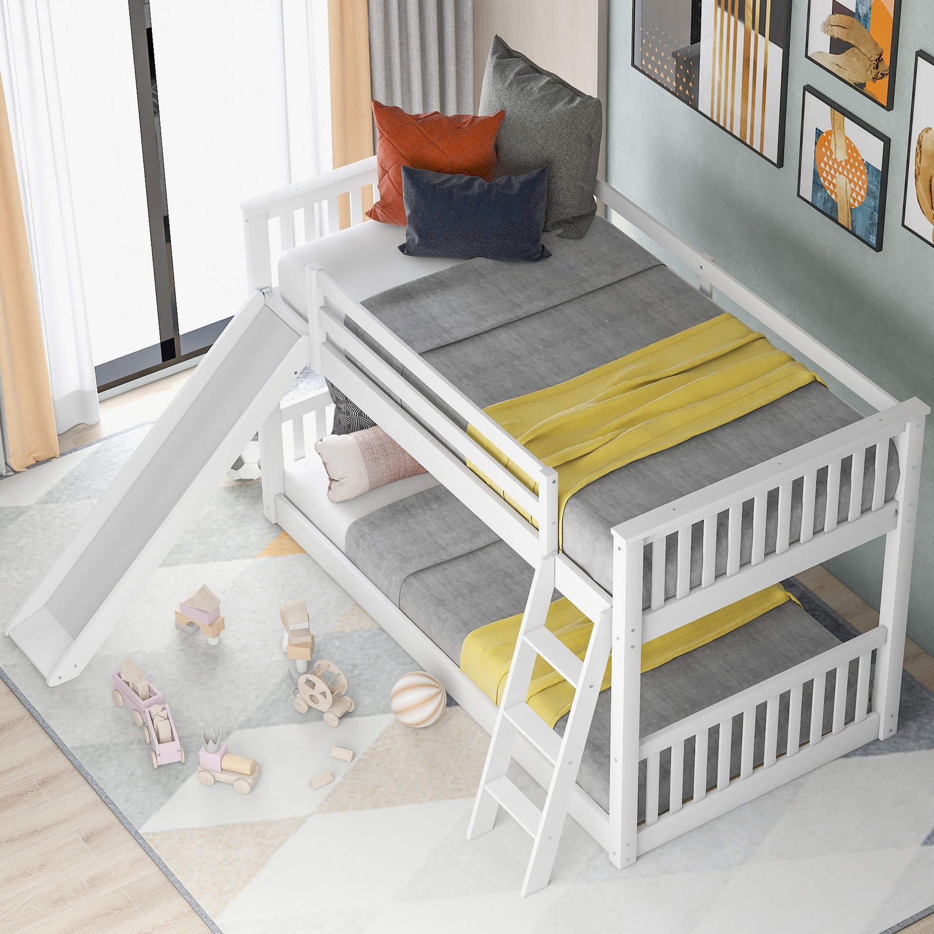 Twin over Twin Bunk Bed with Convertible Slide and Ladder, White(Old SKU: SM000213)