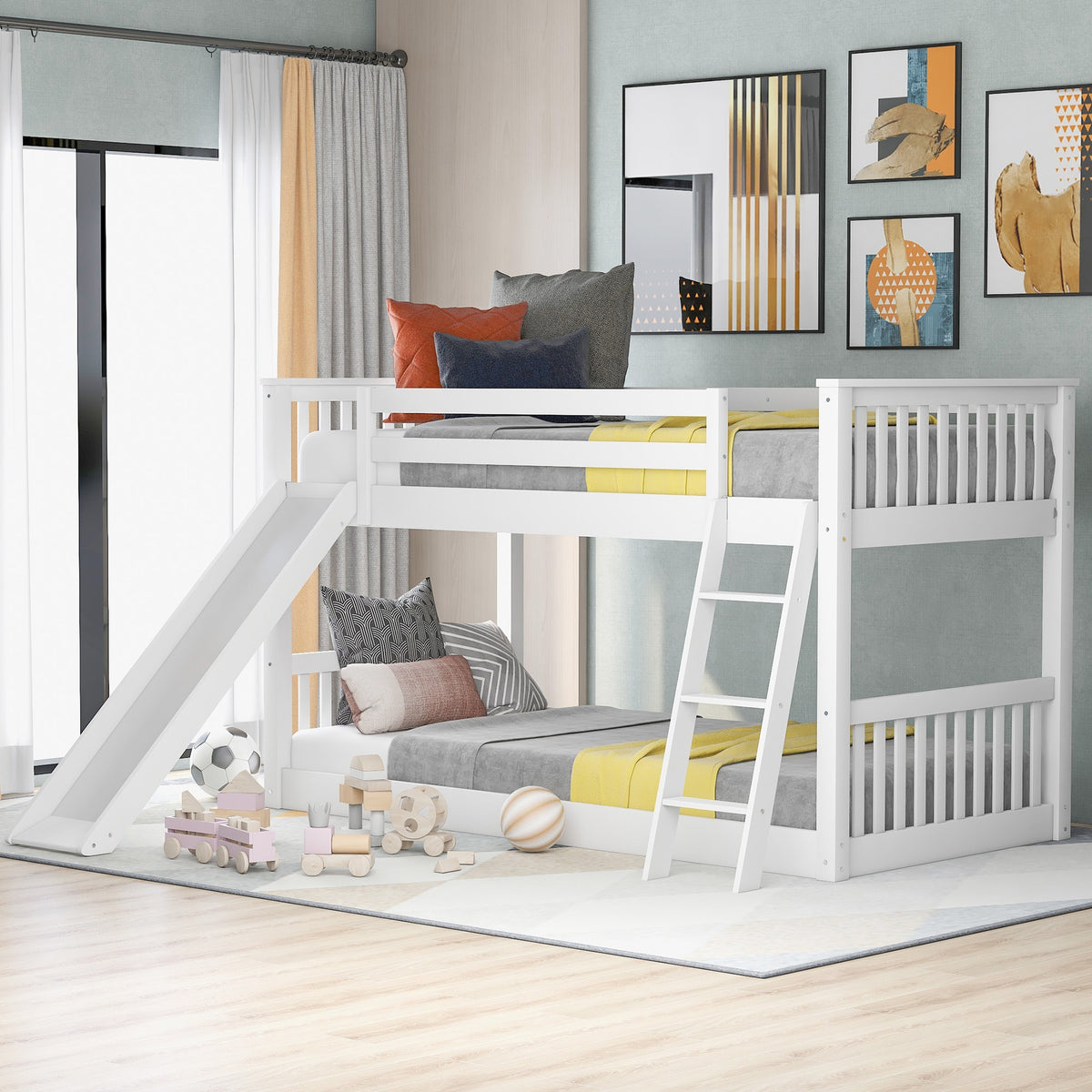 Twin over Twin Bunk Bed with Convertible Slide and Ladder, White(Old SKU: SM000213)