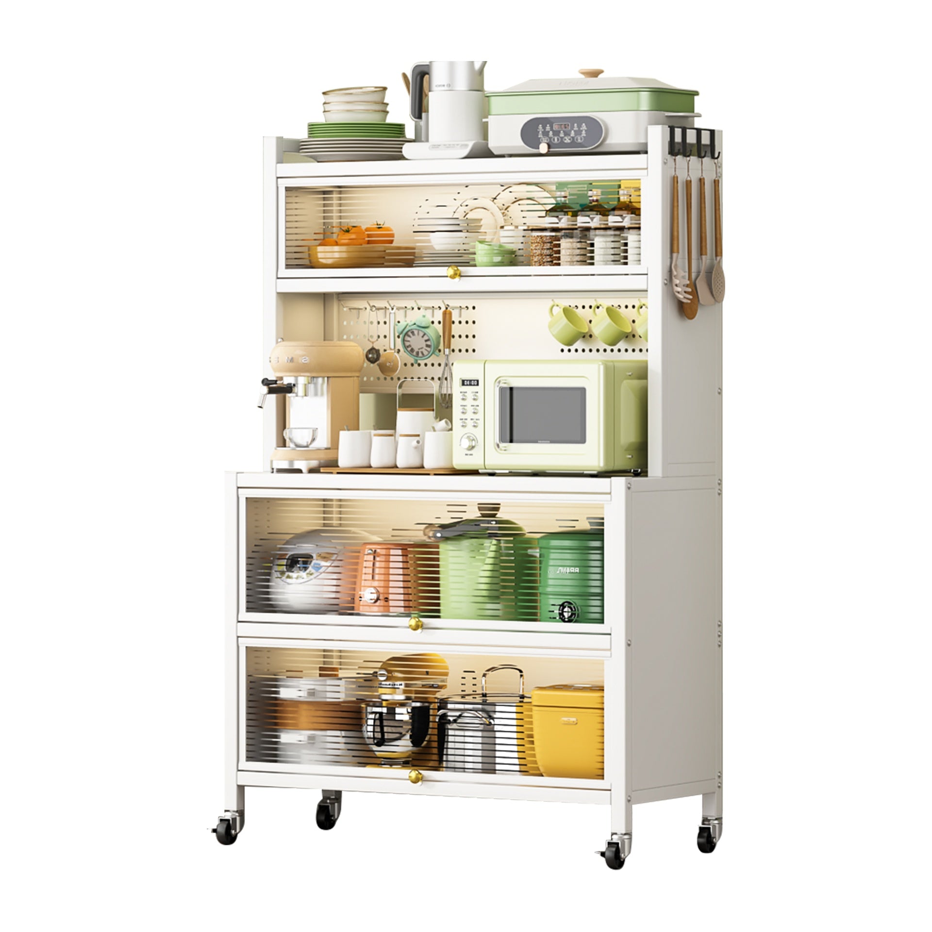 65'' Tall Kitchen Bakers Rack with Flip Door Cabinet, 5 Tier Multifunctional Microwave Stand Buffet, Coffee Bar, Kitchen Pantry Storage Cabinet Shelf, Quick Assembly, White