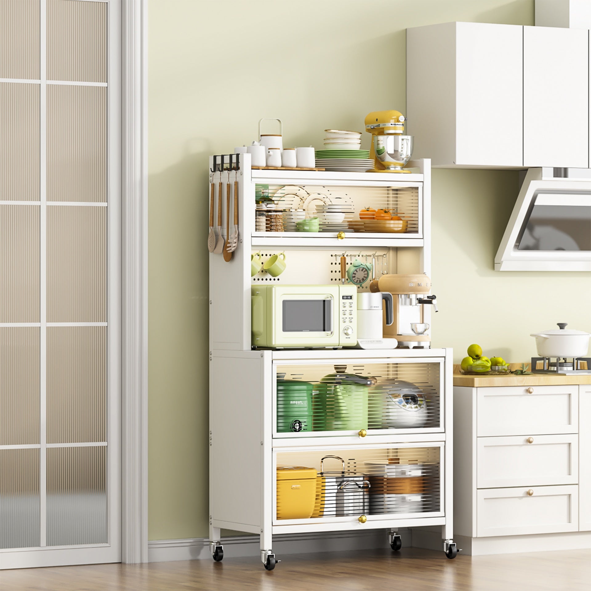 65'' Tall Kitchen Bakers Rack with Flip Door Cabinet, 5 Tier Multifunctional Microwave Stand Buffet, Coffee Bar, Kitchen Pantry Storage Cabinet Shelf, Quick Assembly, White