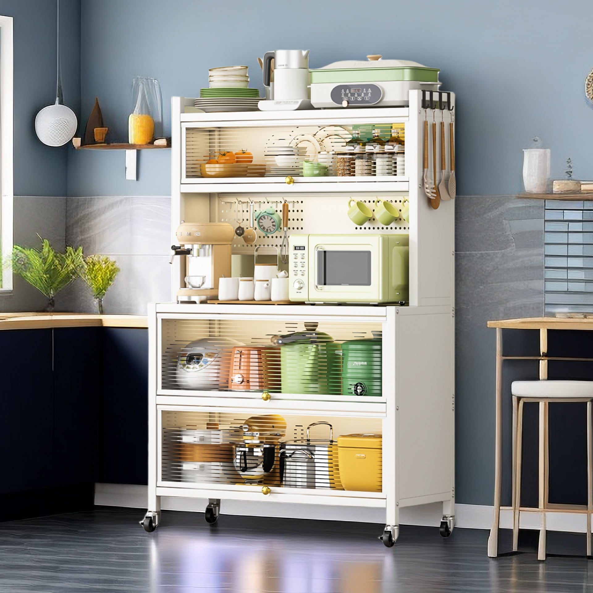 65'' Tall Kitchen Bakers Rack with Flip Door Cabinet, 5 Tier Multifunctional Microwave Stand Buffet, Coffee Bar, Kitchen Pantry Storage Cabinet Shelf, Quick Assembly, White