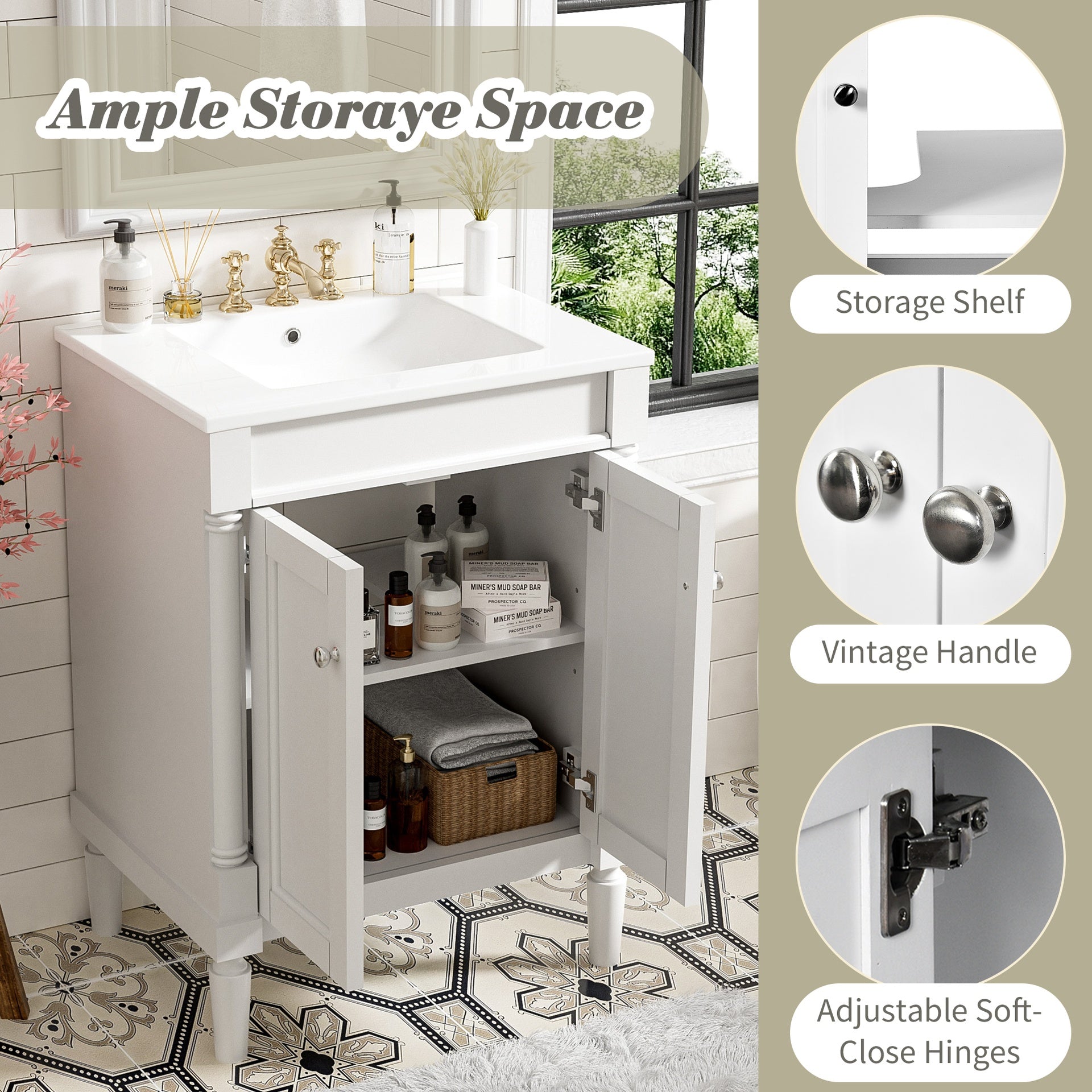 24'' Bathroom Vanity with Top Sink, 2-Tier Modern Bathroom Storage Cabinet, Single Sink Bathroom Vanity, Large Storage Shelves
