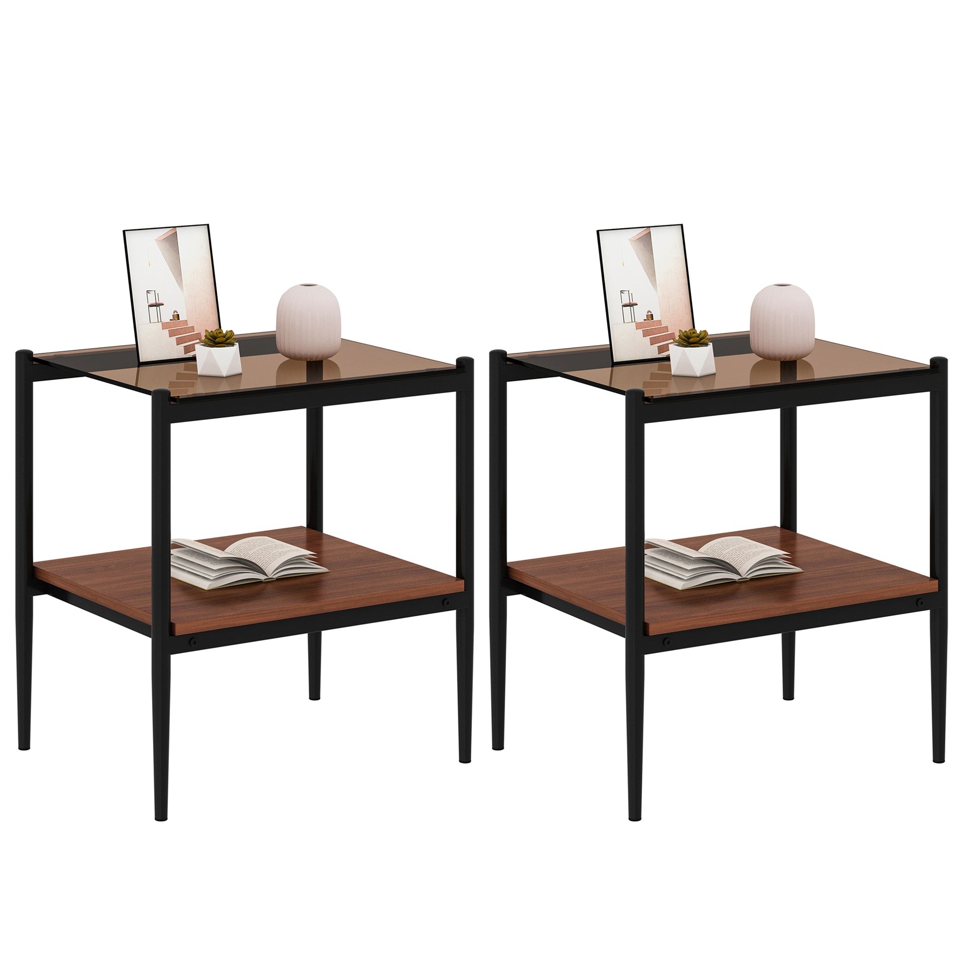 Set of 2 Rectangle End Table, Tempered Glass Tabletop with MDF layer, Modern Table for Living Room , Brown Glass