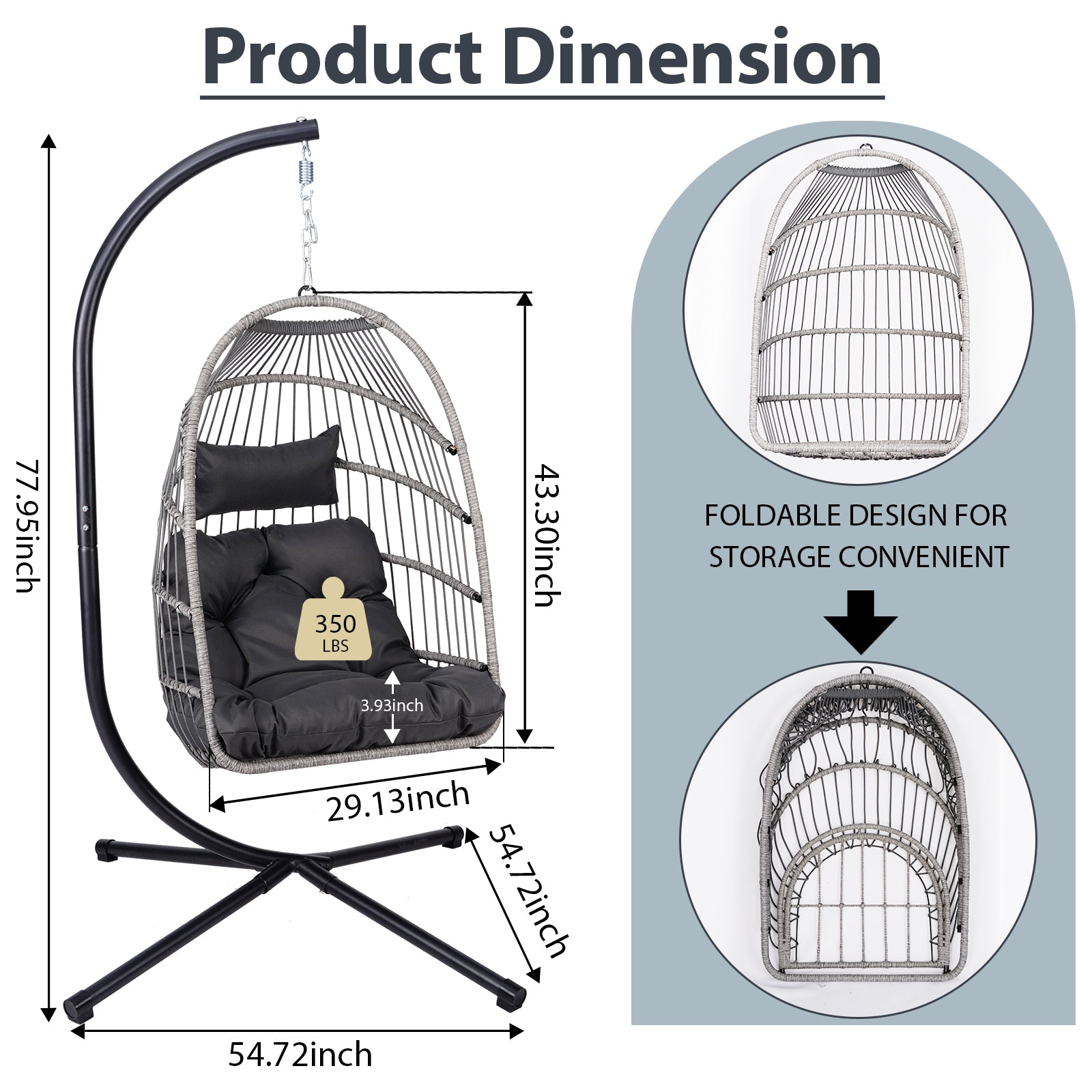 Outdoor Egg Hanging Chair with Stand, Patio Wicker Swing Egg Chair Indoor Swinging Chair Outdoor Hammock Egg Chair