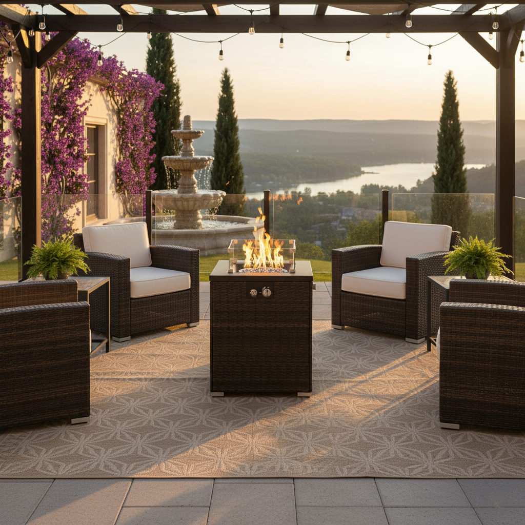 22" Propane Gas Fire Pit Table, 50000 BTU Square Steel Fire Pit with Beautiful Wicker Base for Outside Patio Deck Garden Backyard-Black