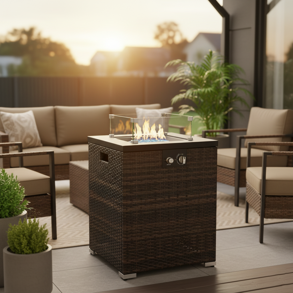 22" Propane Gas Fire Pit Table, 50000 BTU Square Steel Fire Pit with Beautiful Wicker Base for Outside Patio Deck Garden Backyard-Black