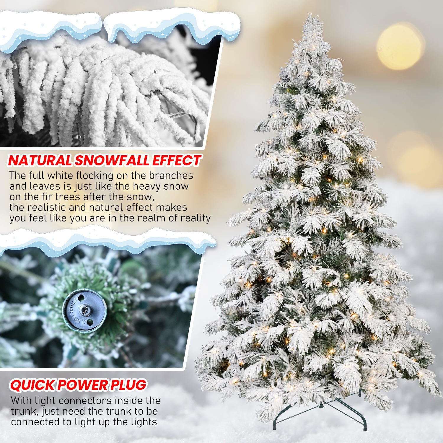 8ft Flocked Scarecrow-Shaped Christmas Tree with 470 Warm White LED Lights, 1242 PVC Memory Wire Tips,Power Pole & Hinged Structure  – Realistic Snowy Holiday Tree