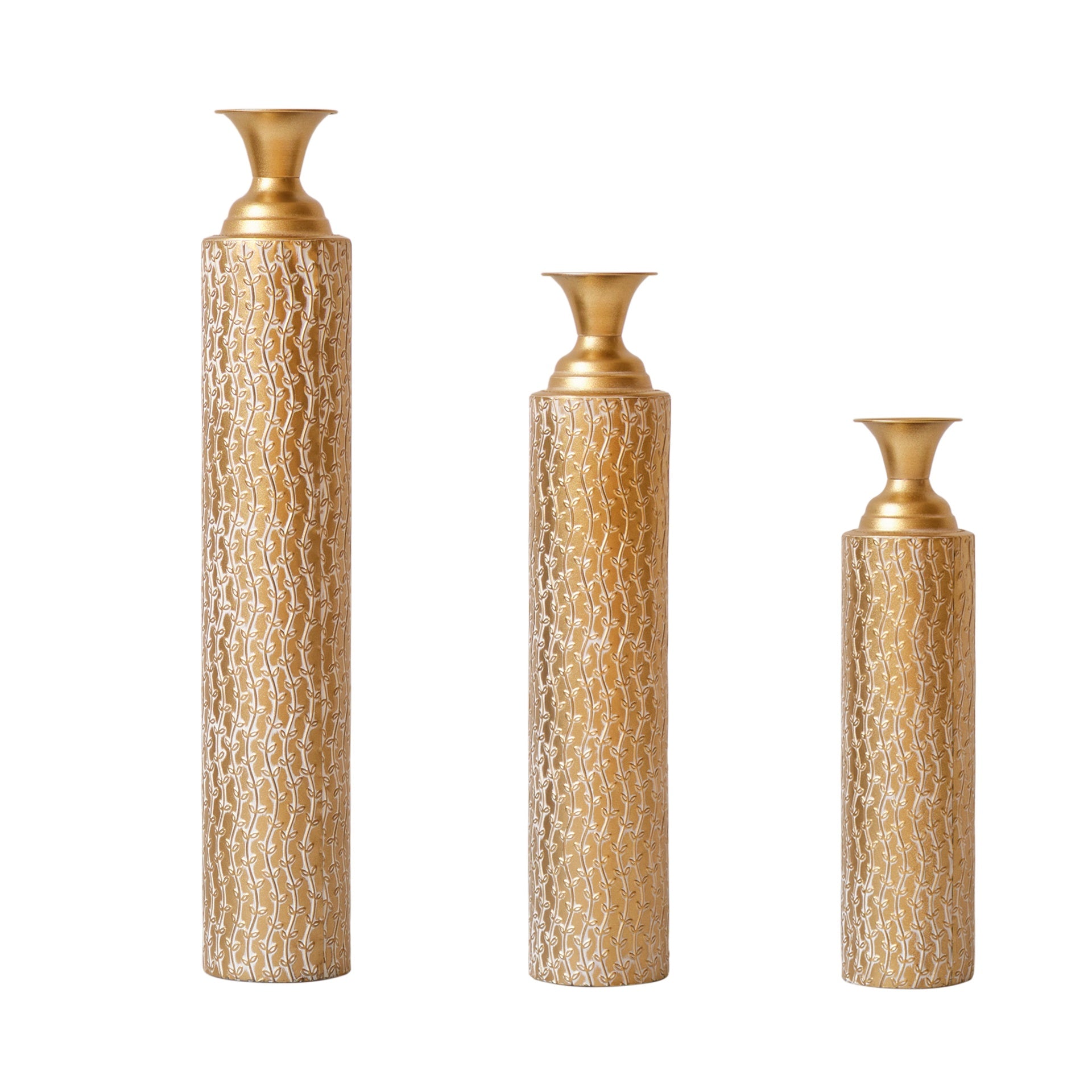 Metal decorative vases High distress metal center vases with growing vine patterns, set of 3 vases for home decoration 34 ", 29 ", 25 "H, gold
