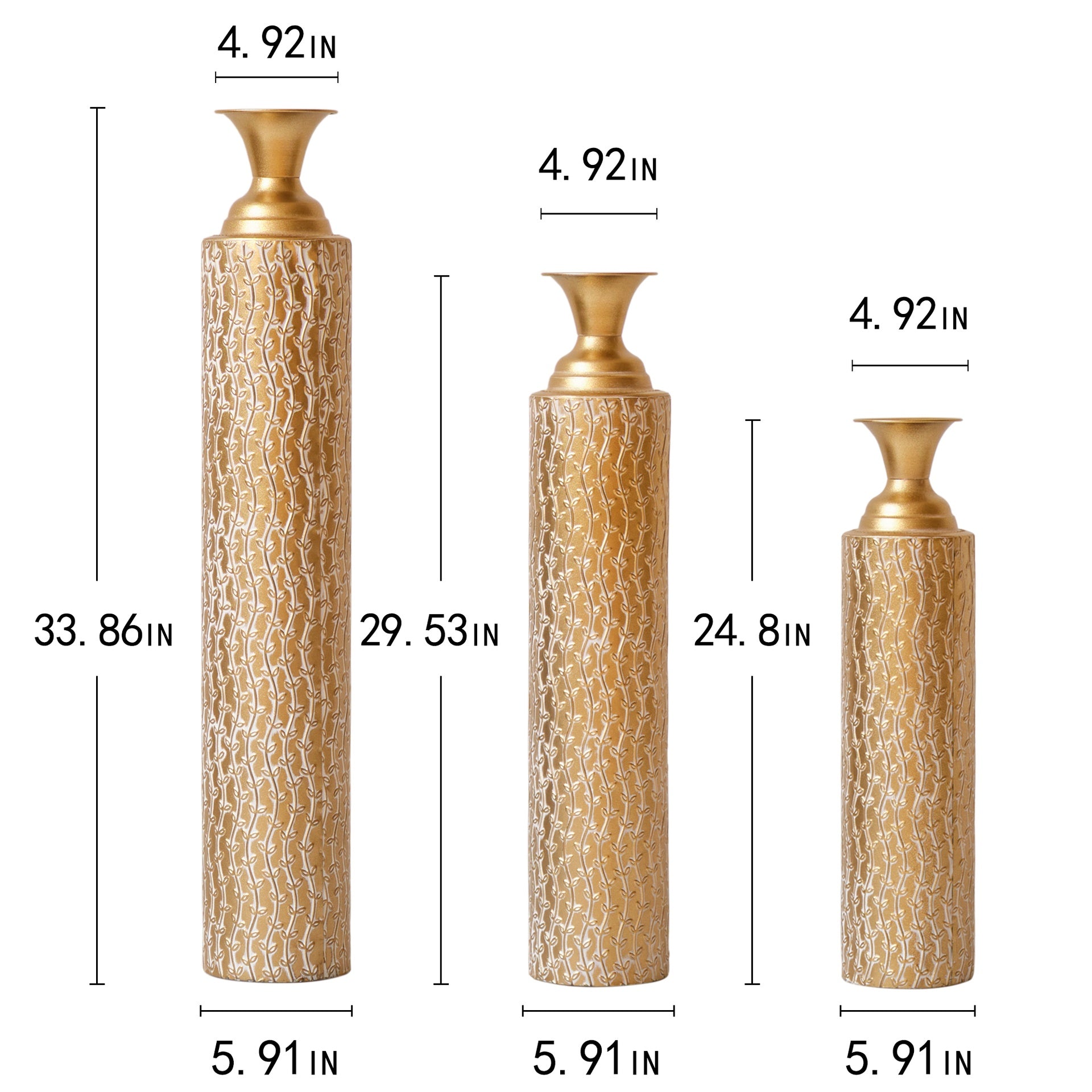 Metal decorative vases High distress metal center vases with growing vine patterns, set of 3 vases for home decoration 34 ", 29 ", 25 "H, gold
