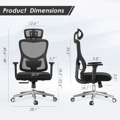 Ergonomic Office Chair,Mesh Desk Chair with Adjustable Lumbar Support and Headrest,Comfy Computer Chair with 3D Armrest Recling Swivel Chair for Home and Office, Black & Black