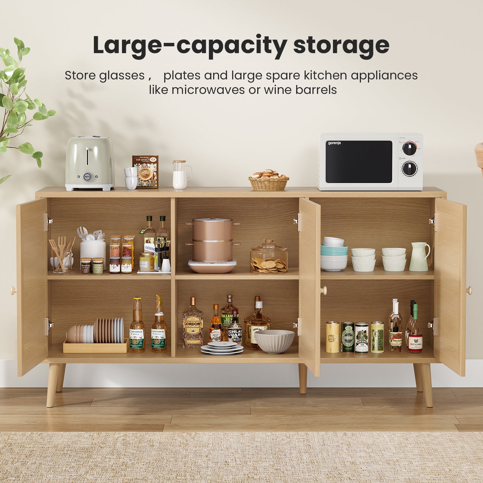 Sideboard Buffet Cabinet with 3 Rattan Doors,Modern Kitchen Storage Console Cabinet for Entryway Living Room (Large,Natural)