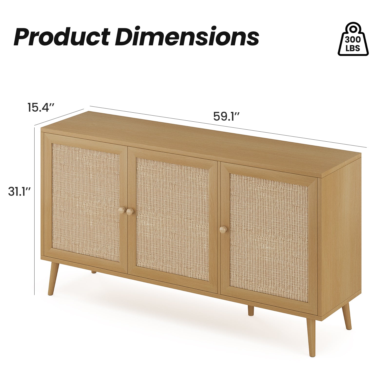 Sideboard Buffet Cabinet with 3 Rattan Doors,Modern Kitchen Storage Console Cabinet for Entryway Living Room (Large,Natural)