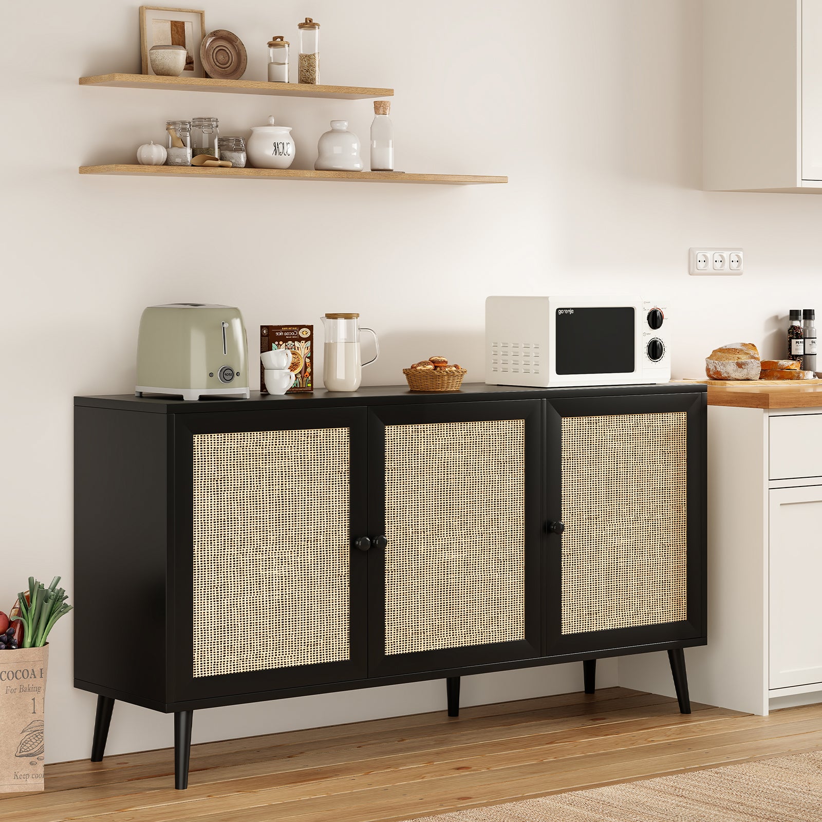 Sideboard Buffet Cabinet with 3 Rattan Doors,Modern Kitchen Storage Console Cabinet for Entryway Living Room (Large,Black)