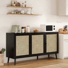 Sideboard Buffet Cabinet with 3 Rattan Doors,Modern Kitchen Storage Console Cabinet for Entryway Living Room (Large,Black)