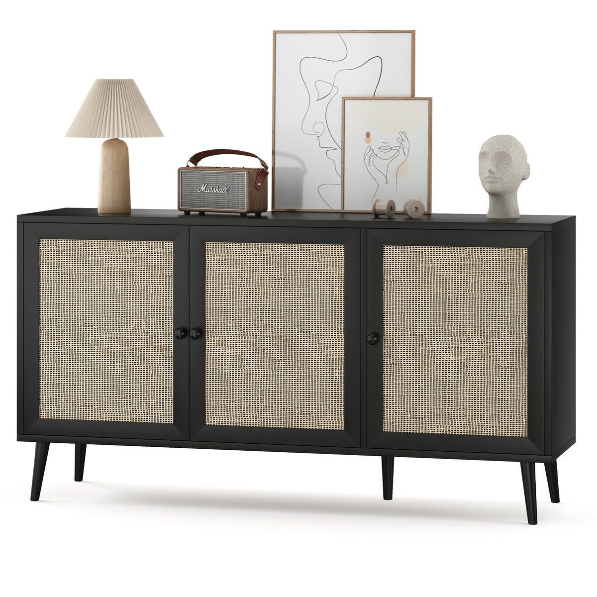 Sideboard Buffet Cabinet with 3 Rattan Doors,Modern Kitchen Storage Console Cabinet for Entryway Living Room (Large,Black)