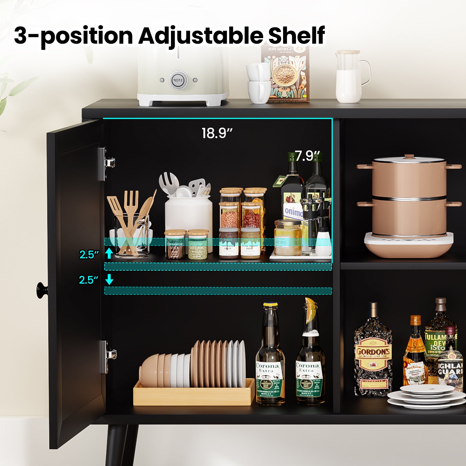 Sideboard Buffet Cabinet with 3 Rattan Doors,Modern Kitchen Storage Console Cabinet for Entryway Living Room (Large,Black)