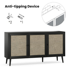 Sideboard Buffet Cabinet with 3 Rattan Doors,Modern Kitchen Storage Console Cabinet for Entryway Living Room (Large,Black)
