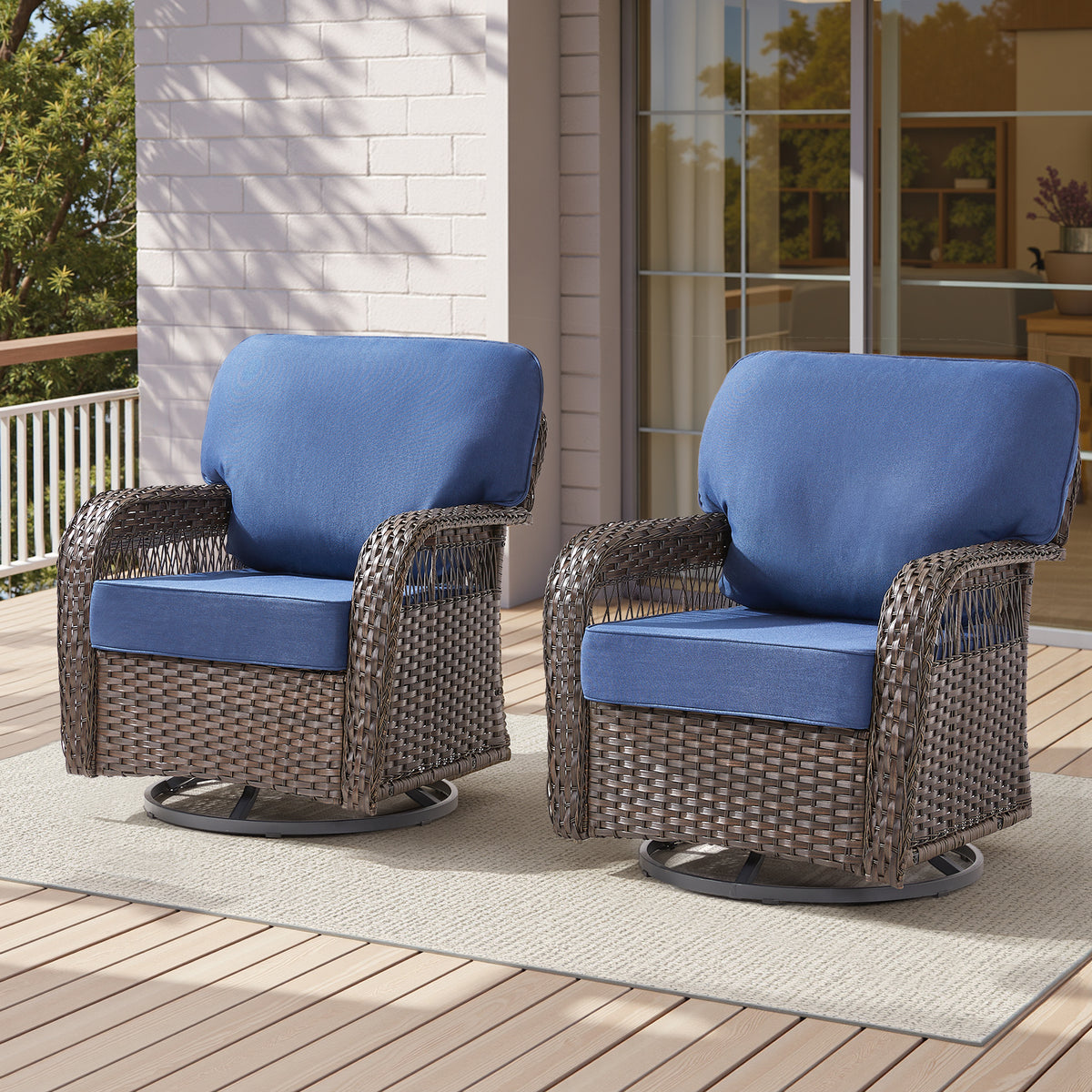 Outdoor Glider Chairs Set of 2, Brown Wicker Patio Furniture Swivel Rockers with T Shape-Back Cushions and 5" Thick Foam, Ideal for Porch and Yard, Blue
