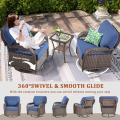 Outdoor Glider Chairs Set of 2, Brown Wicker Patio Furniture Swivel Rockers with T Shape-Back Cushions and 5" Thick Foam, Ideal for Porch and Yard, Blue