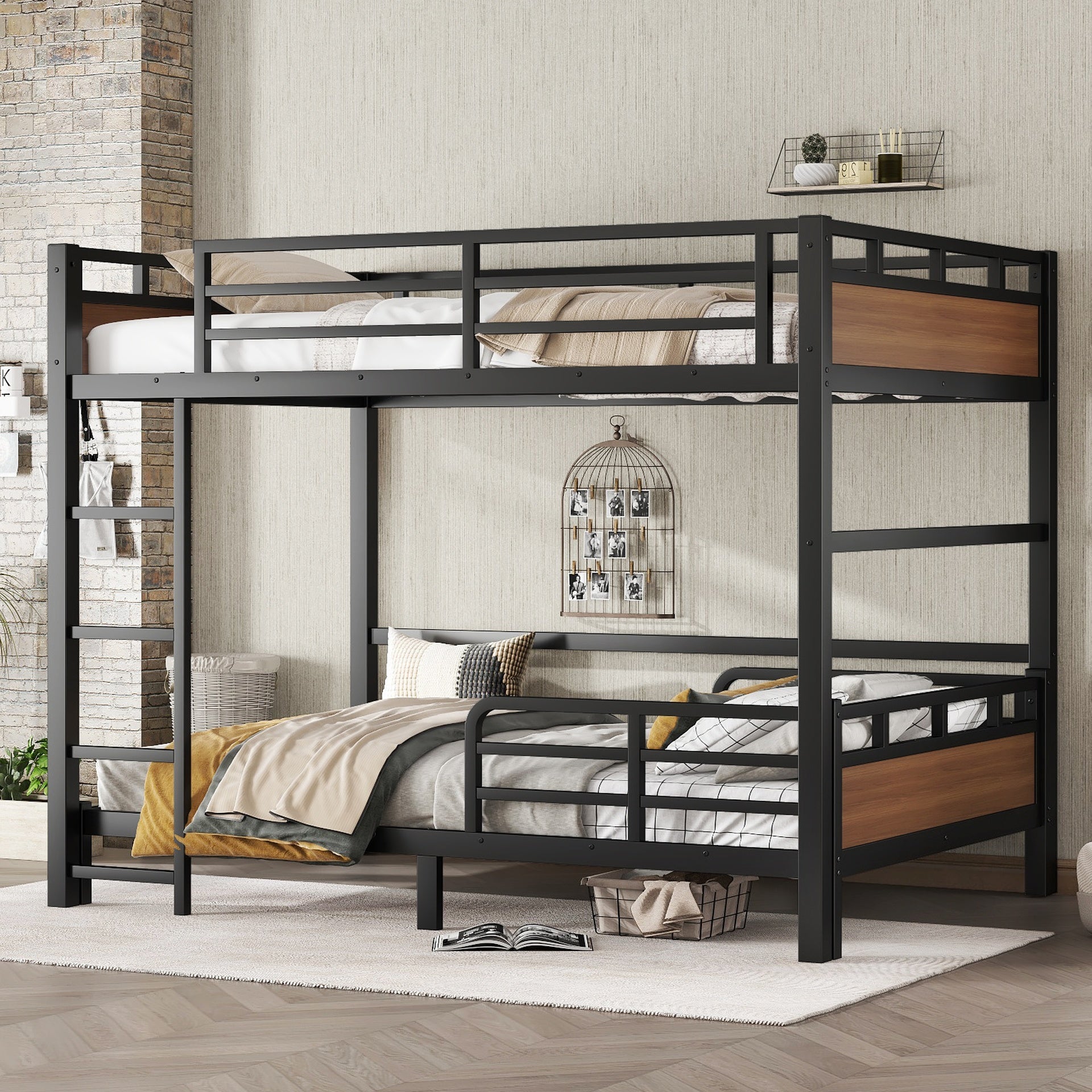 Full over Full Metal Bunk Bed/Metal Loft Bed,Separable Bunk Beds,with raised security fence,Walnut Color