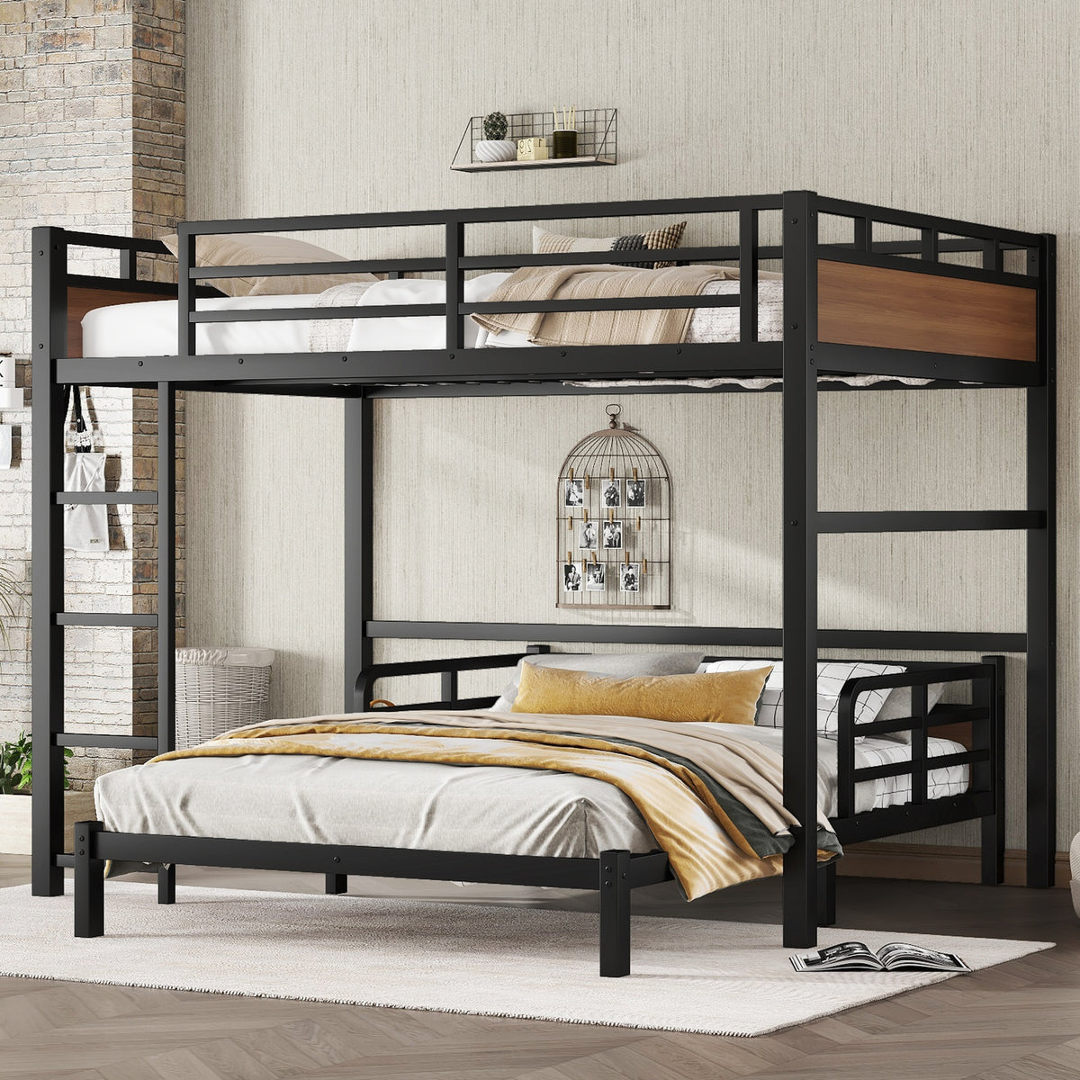 Full over Full Metal Bunk Bed/Metal Loft Bed,Separable Bunk Beds,with raised security fence,Walnut Color